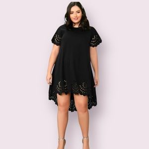 Black mid length dress. Longer in back. Detail sleeve and bottom. From SHEIN